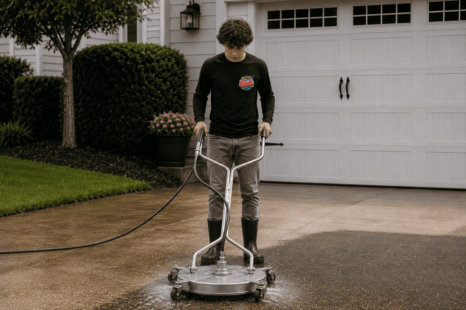 Surface cleaner in use on a driveway